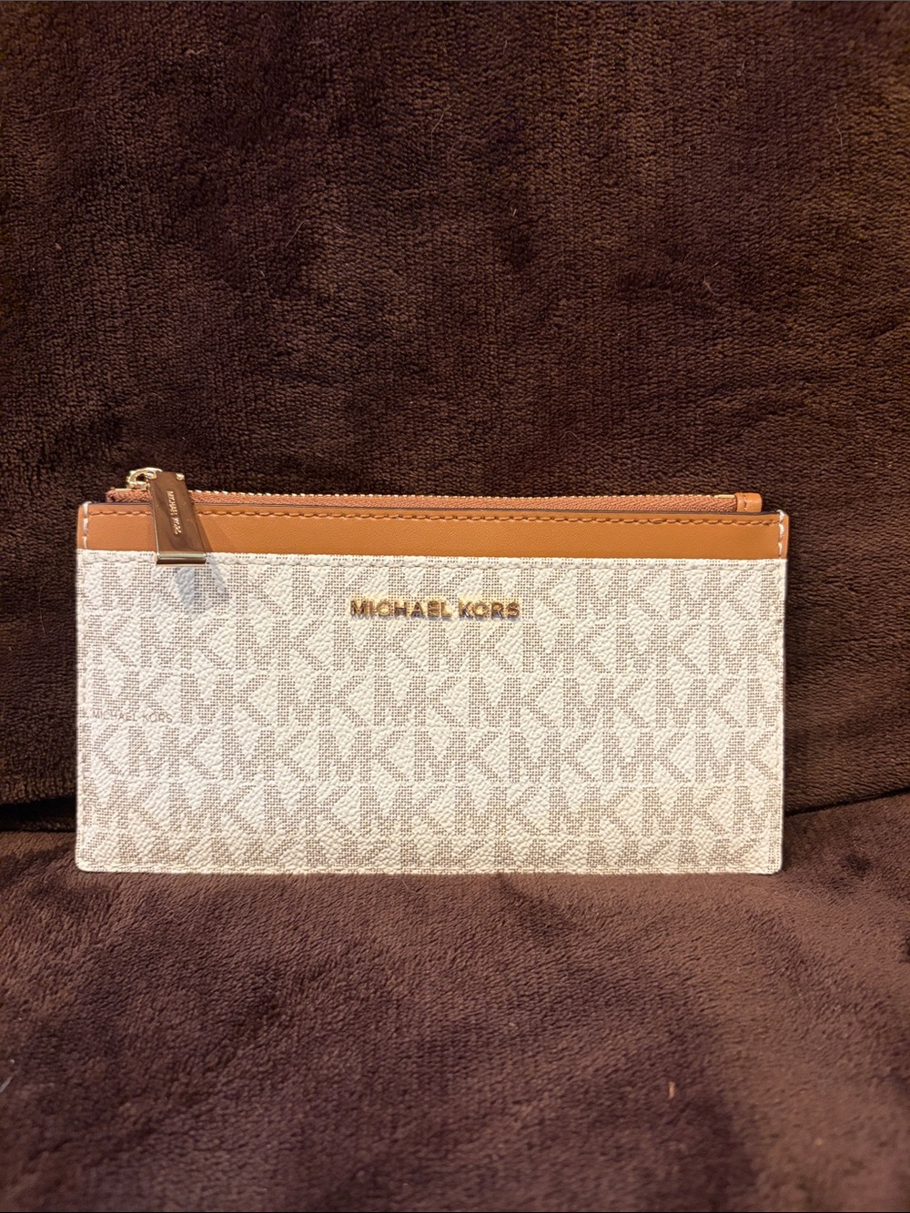 Michael Kors Cream and Tan Signature Zip Card Wallet